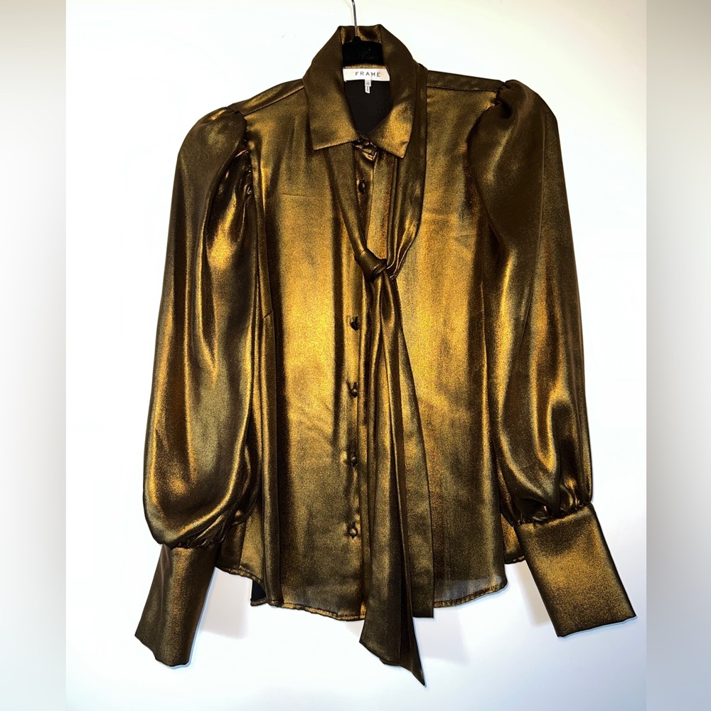 NWT Frame gold metallic button down blouse size XS